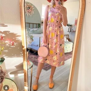 Sleeveless Pink Dress with Yellow and Black Pattern